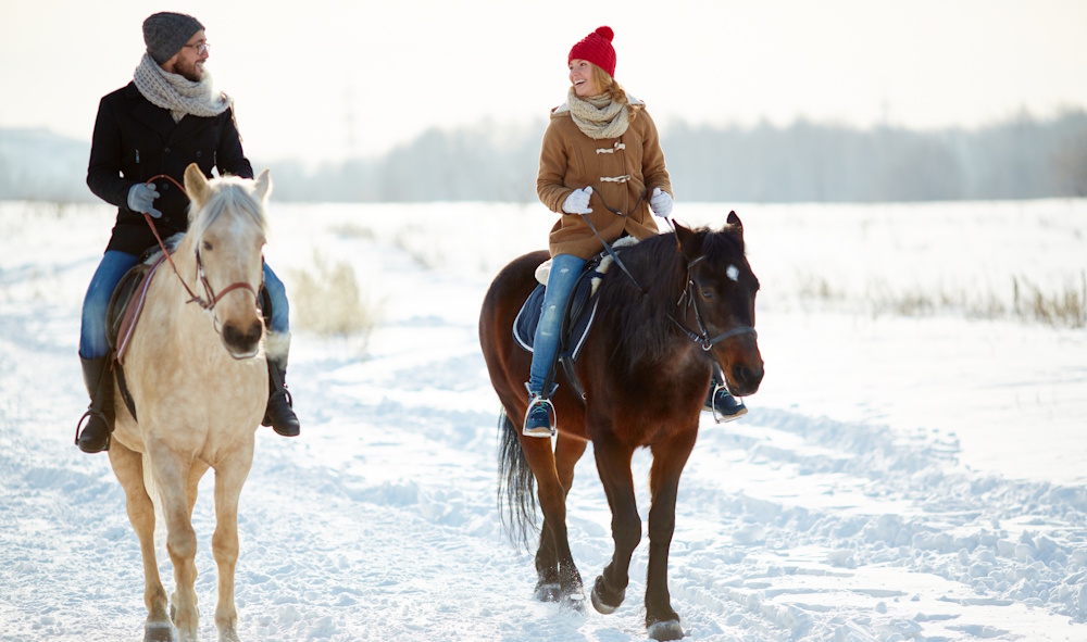 happy couple riding horses in the snow