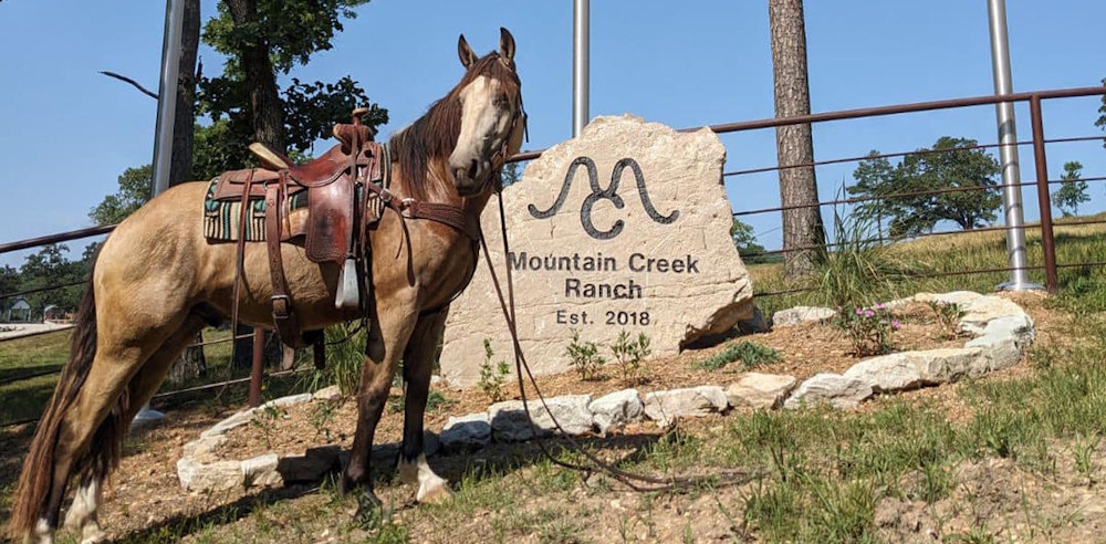 Mountain Creek Ranch sign with horse nearby